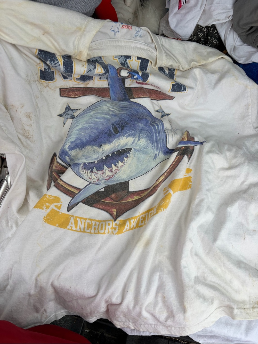 Guy Harvey White Short Sleeve Tee with Blue Shark & Yellow Accents